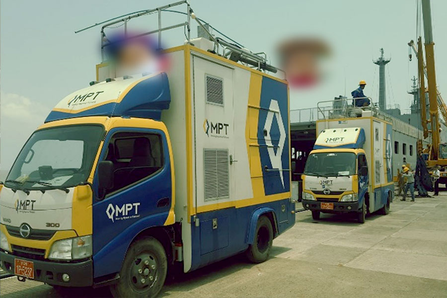 Motor vehicles arrive in Sittwe to provide MPT telecommunications services after Cyclone Mocha in 2023. (Photo: MPT)