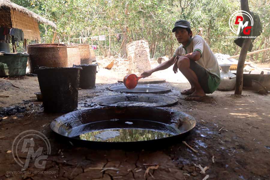Small-scale brown slab sugar production kiln in the Kintaw area of Taungup Township seen in the second week of March 2026.